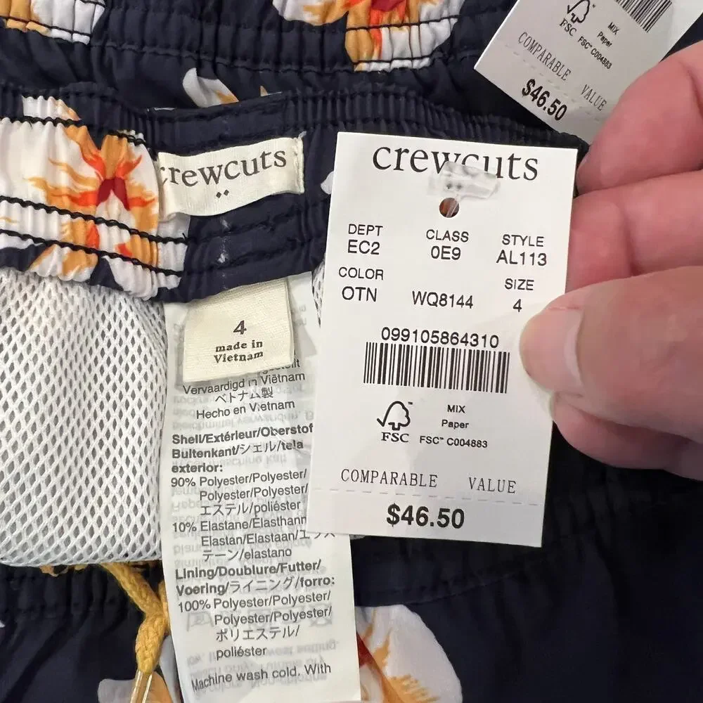 NWT J. Crew Boys' Navy W/ Gold & White Tropical Floral Swim Trunk